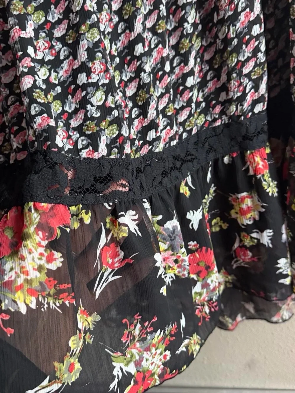 Notations Black Floral Tiered Maxi Skirt with Red and Yellow Blooms
